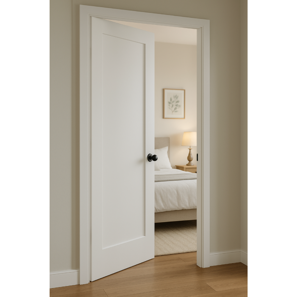32 in x 80 in White 1-Panel Shaker Solid Core Primed MDF Prehung Interior Door